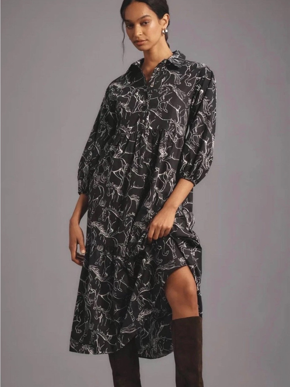 Maeve The Bettina Black Horse Printed Midi Shirt Dress - xs